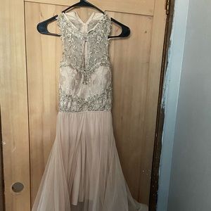 City triangles creamy tan high low formal gown